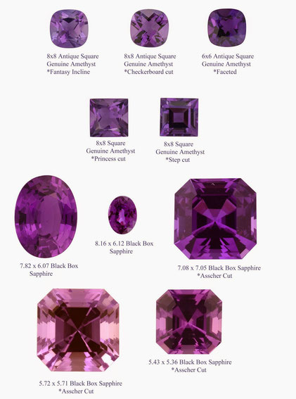 This is the first grouping of gem choices I offered. On the table were square or oval cuts, I threw the Asscher cut in as an option and I'm glad I did because it became the main contender.