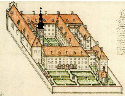 Der Entwurf für den Bau der Klosteranlage aus dem Jahr 1707.                  Das Kloster ist in einer Vogelschau von Westen dargestellt.