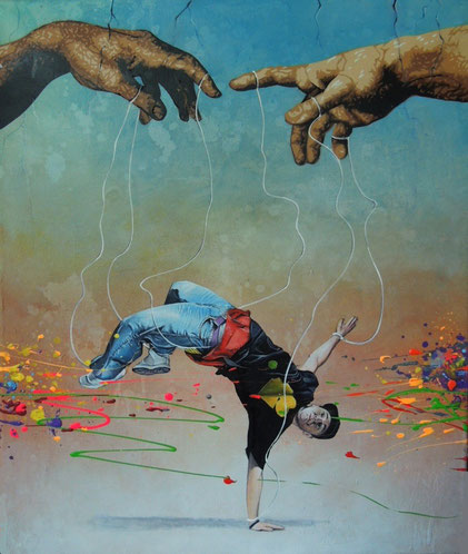 Peinture contemporaine - marionnetiste danseur : acrylique et huile, street-art