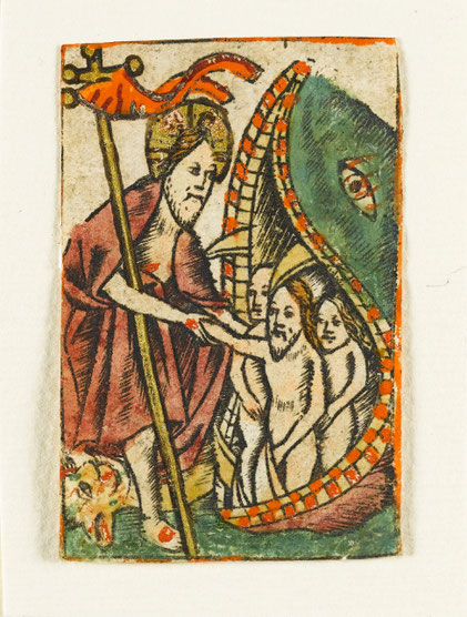 Christus in der Vorhölle. Der Eingang zur Hölle ist der Rachen eines Wals. Aus dem Gebetbuch der Anna Wartys.