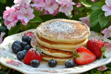 いちごとぶどうが添えられたパンケーキ。花柄のお皿。
