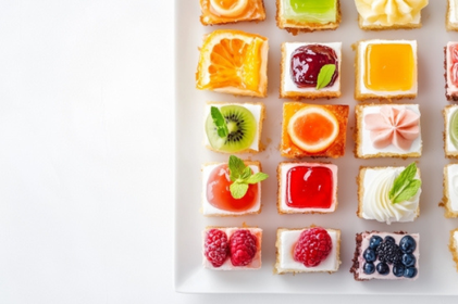 色とりどりのフルーツがのったプチケーキ。
