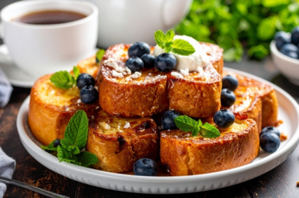 フランスパンのフレンチトーストが盛り付けられたお皿。ブルーベリー、生クリーム、ミントの葉があしらわれている。