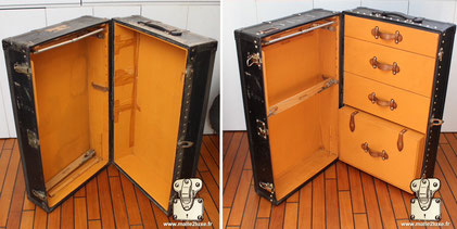   Malle Wardrobe Louis Vuitton intérieur partiellement restaurée.  Les tiroirs manquant on etait refait et recouvert de toile Vuittonite orange.