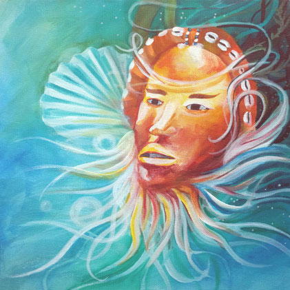 Acrylbild "Afrikanische Maske mit Muschel": Gelbrote Maske mit Augen, die mit Muscheln gekrönt vor einer größeren Muschel schwebt, am Kinn Tentakeln