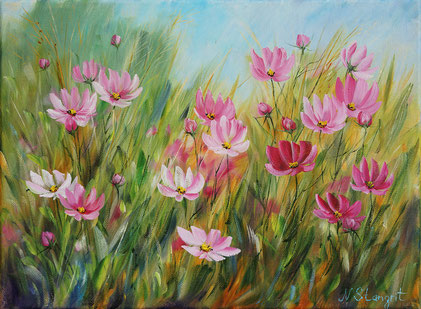 Cosmos flowers (small version) Oil on canvas, art by N. Stangrit