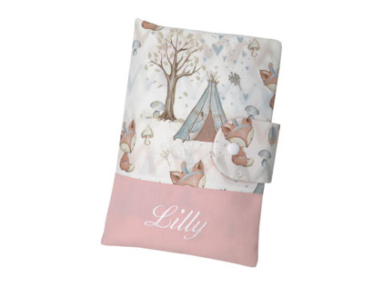 personalisierte Windeltasche Wickeltasche fuchs rosa mit Feuchttüchertasche mit Namen bestickt Geschenk zur Geburt oder Taufe