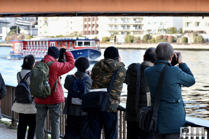新大橋の下から観光船を撮影する鷹野講師と受講生