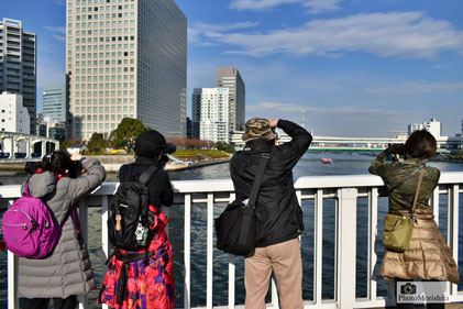 永代橋からスカイツリー方面を撮影する鷹野講師と受講生