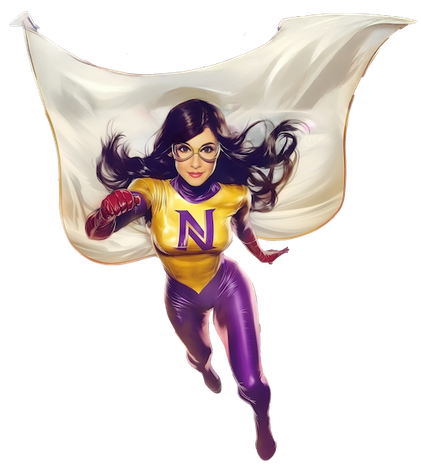 Nadine as confident retro Superhero flying