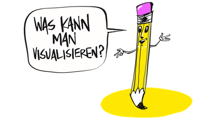 Ein Bleistift als Männchen stellt die Frage: was kann man visualisieren? Graphic Recording eignet sich für jedes Format. Workshops, Großveranstaltungen, Keynotes, Diskussionen