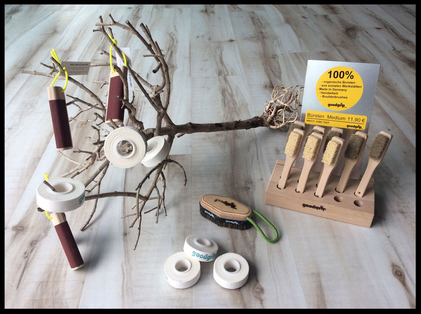 Boulder-Equipment von goodgrip Bürsten 100%  - organische Borsten - aus sozialen Werkstätten - Made in Germany - Handarbeit. Bürste Medium weich und Boulderbürste Big Betty. Tape 20mm x 10m und 50mm x 10m       