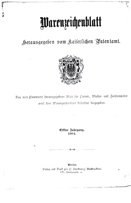 Deckblatt zur Warenzeichenanmeldung des Namens Thermos durch Reinhold Burger, Erfinder der Thermosflasche