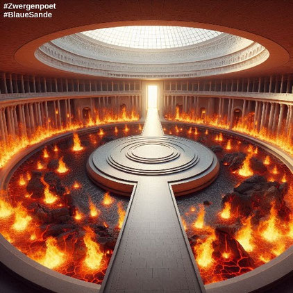 In der Mitte des runden Saales ist eine kreisförmige Plattform. Die abzweigenden Pflasterwege verbinden die gegenüberliegenden Zugänge. Magma und Feuer schießen zu beiden Seiten der Wege in die Höhe.