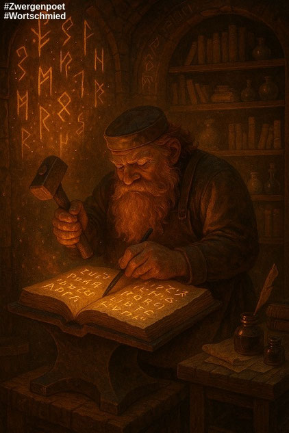 Ein gelehrter Zwerg bearbeitet mit Hammer und Meißel ein Buch.