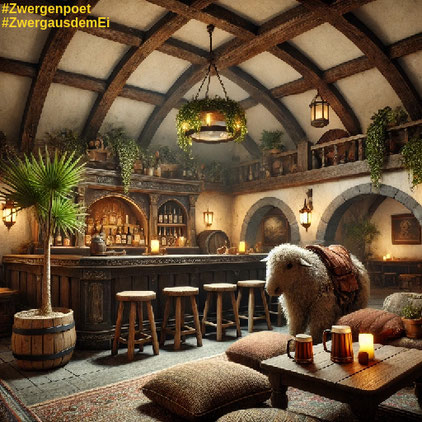 Der rustikale Raum einer Taverne mit einer Bar und einer Topfpalme und einem Schaf mit Sattel auf dem Rücken.