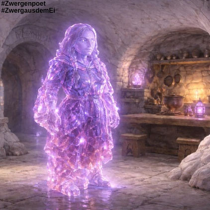 Eine Zwergin in kristalliner Form, die aus sich heraus rosa-violett leuchtet, steht in einer Höhlentaverne. Erstellt mit ChatGPT.