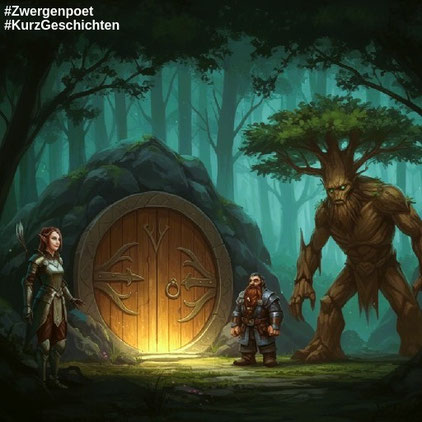 In einem Wald ist eine schwere, runde Holztür mit filigranen zwergischen Verzierungen in einen Felsen eingelassen. Davor stehen eine Elfin, ein Zwerg und ein Ent. Erstellt mit Craiyon.