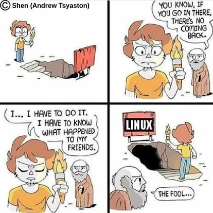 Ein kurzer Comic, leider ohne Autorenangabe. Ein Mensch mit einer Fackel in der linken Hand steht vor einer Treppe, die vor ihm in die Tiefe führt.