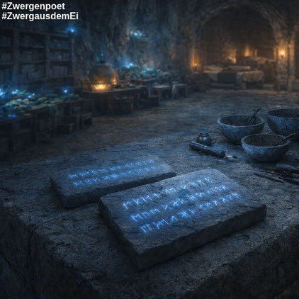 Steintafeln mit Runen und leere Schüsseln auf einem Tisch im Schlafbereich des Zwergenarchivs. Erstellt mit ChatGPT.
