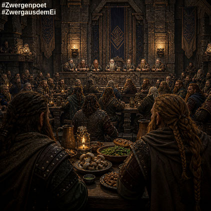In einem großen Saal sitzen viele Zwerge beim Essen zusammen. Die Tafel des Ältestenrates an der Stirnseite ist erhöht.