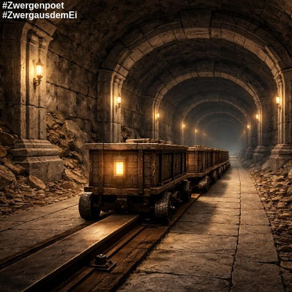 Mehrere miteinander verbundene zwergische Loren fahren auf einer zentralen Metallschiene durch einen sorgfältig ausgebauten Felstunnel mit gemauerten Bögen und warmem Licht.