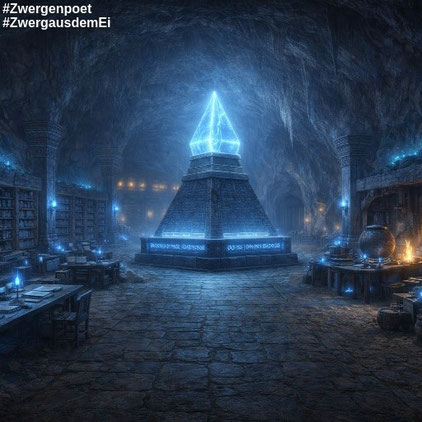 Zwergische Halle mit zentraler Markierungssäule, links die Bibliothek, rechts die Handwerksbereiche im blauen Kristalllicht. Erstellt mit ChatGPT.