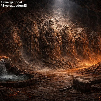 Sechs der sieben Stammväter der Zwerge entstehen in einer Höhle, umgeben von Feuer, Wasser und rohem Gestein. Erstellt mit ChatGPT.