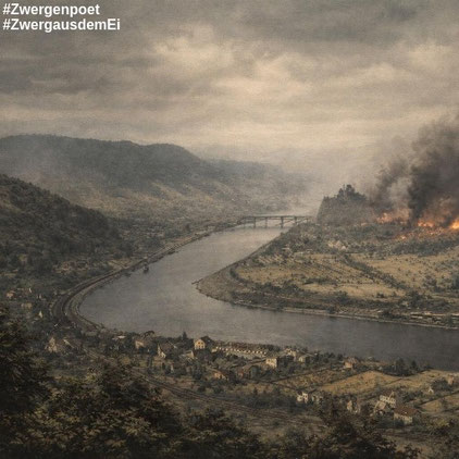 Landschaft an der Elbe mit Feldern und Dörfern im Vordergrund sowie der Burgruine Schreckenstein. Im Norden steigt Rauch über der bombardierten Stadt Aussig auf.
