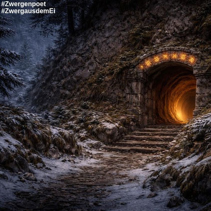 Ein verborgener Zwergeneingang im verschneiten Berg mit leuchtenden Runen. Erstellt mit ChatGPT.