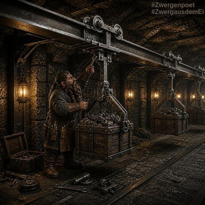 An einer massiven Stahlschiene hängen Kisten, die mit Erzbrocken beladen sind. Ein Zwerg schraubt an der Aufhängung einer der Loren.