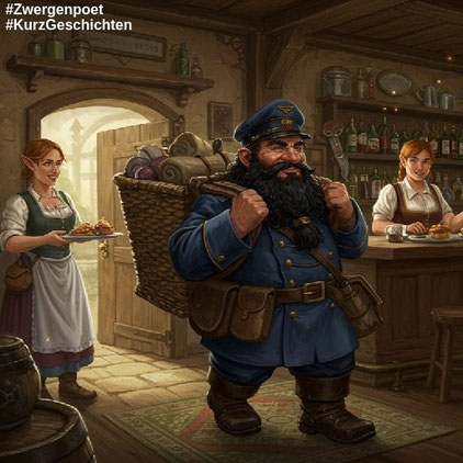 Der freundliche Postzwerg betritt eine gemütliche, märchenhafte Taverne, in der Menschen, Elfen, Zwerge und Halblinge anwesend sind. Erstellt mit Craiyon.