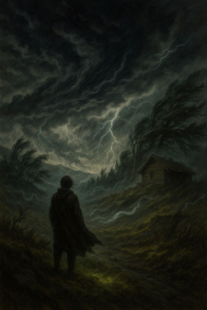 Dunkle Wolken, Blitz und Regen. Erstellt mit ChatGPT.