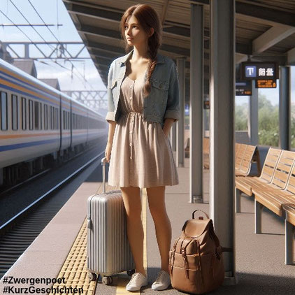 Eine junge Frau steht an einem Bahnsteig und wartet auf ihren Zug. Sie trägt ein leichtes Sommerkleid, darüber eine kurze Jacke. Ihre braunen Haare sind zu einem Zopf gebunden. Sie hat einen Koffer und einen Rucksack.