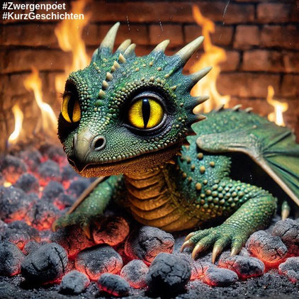 Ein weiblicher, grün geschuppter Baby-Drache mit sonnengelben Reptilien-Augen und einem schnabelartigen Maul liegt in einem Kamin mit glimmenden Kohlen. Erstellt mit Microsoft Designer.