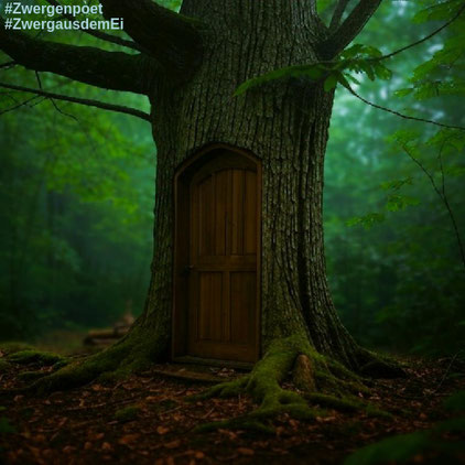Ein Kastanienbaum am Waldrand mit einer Tür im Stamm.