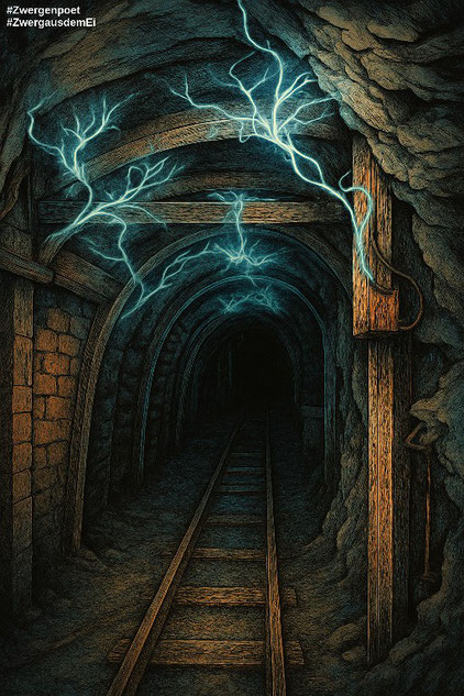 Der Tunnel zeigt rechts Mauerwerk, abgestützt mit Holzbalken. Die Schienen verschwinden im Dunkel des Felstunnels, der spärlich von blau schimmerndem Myzel beleuchtet wird. Erstellt mit Craiyon.