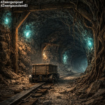 Der rohe Tunnel wird abgestützt mit Holzbalken. Der eingleisige Schienenstrang, auf dem eine schwere Lore steht, verschwindet im Dunkel des Felstunnels, der spärlich von blau schimmerndem Myzel beleuchtet wird.