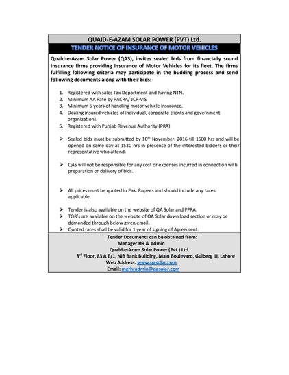 Tender of Insurance of Vehicles 