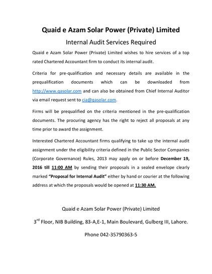 Tender for Internal Audit Service