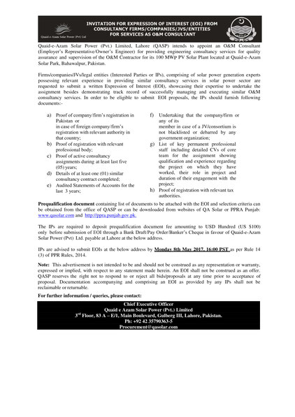 PQD for O&M Consultant