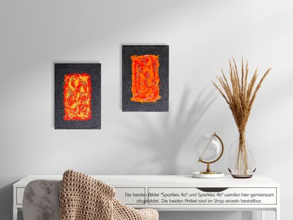 Abstrakte Malerei in Rot, Gelb und Gold bzw. Orange, Rot und Kupfer auf dunkel-schimmernder Grundierung.