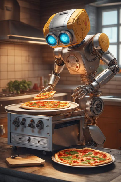 Pizza, roboter, künstliche intelligenz, spass, bild generator, online-tool, ki bilder, image generator, prompt, bilderstellung, 