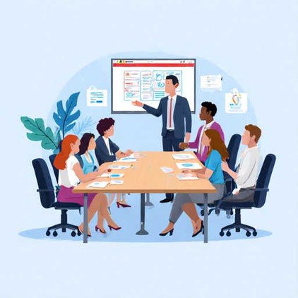 A picture of a team meeting. the bossis tanding on the background, six co-workers sitting around a table.