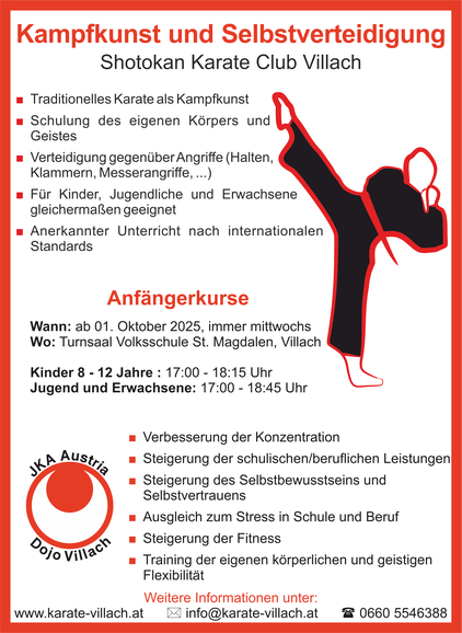 Karate Anfängerkurse, Kampfkunst und Selbstverteidigung ab 1. Oktober 2025 Villach