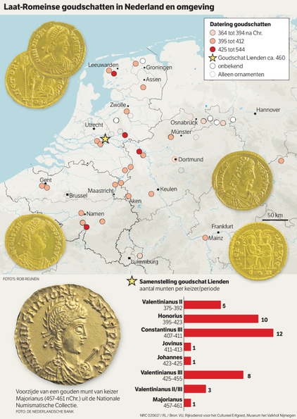 Les découvertes de pièces d'or de l'Empire Romain Tardif aux Pays-Bas aux alentours.
