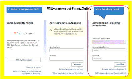 Finanzonline-Maske für die Anmeldung