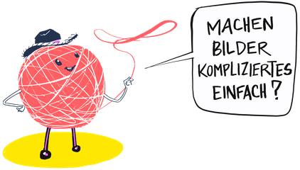 Ein Wollknäul mit Cowboyhut wirft ein Lasso. Dargestellt ist der rote Faden als Metapher. Die Frage, die gestellt wird: machen Bilder kompliziertes einfach? Komplexe Inhalte Visualisiert Mit unterhaltsam Bilder