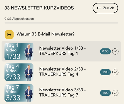 Welche Erfahrungen machen Kursteilnehmer mit dem TRAUERKURS? Damit der Nutzer dranbleibt, sendet Coach Jens Schmidt ihm alle drei Tage eine kleine Mail mit einer kurzen Video-Botschaft.
