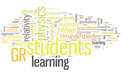 Word cloud in yellow and grey: physics students learn relativity